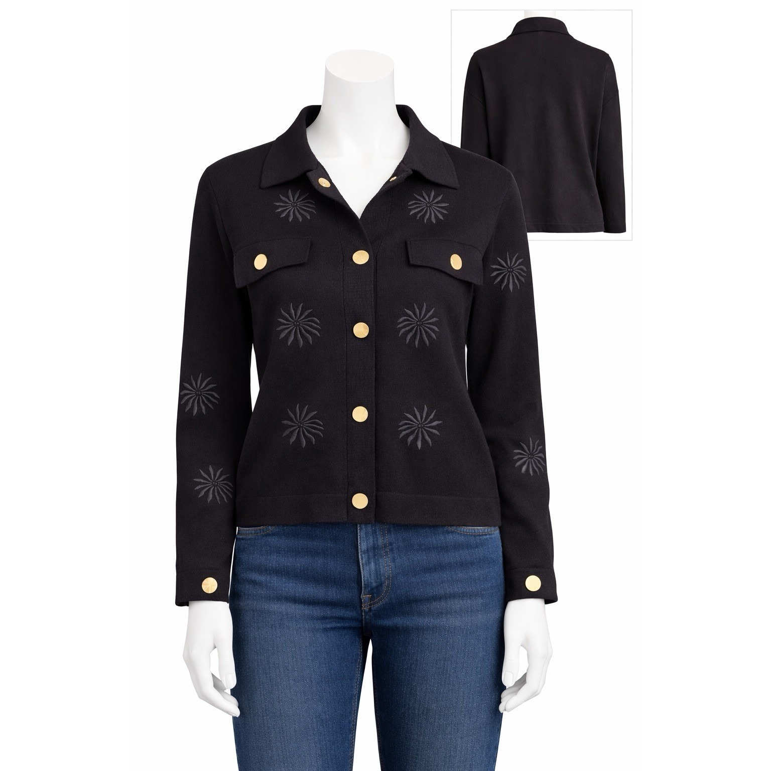 Elie Tahari Women Button Down Cardigan Sweater Jacket Black Embroidered Med Nwt